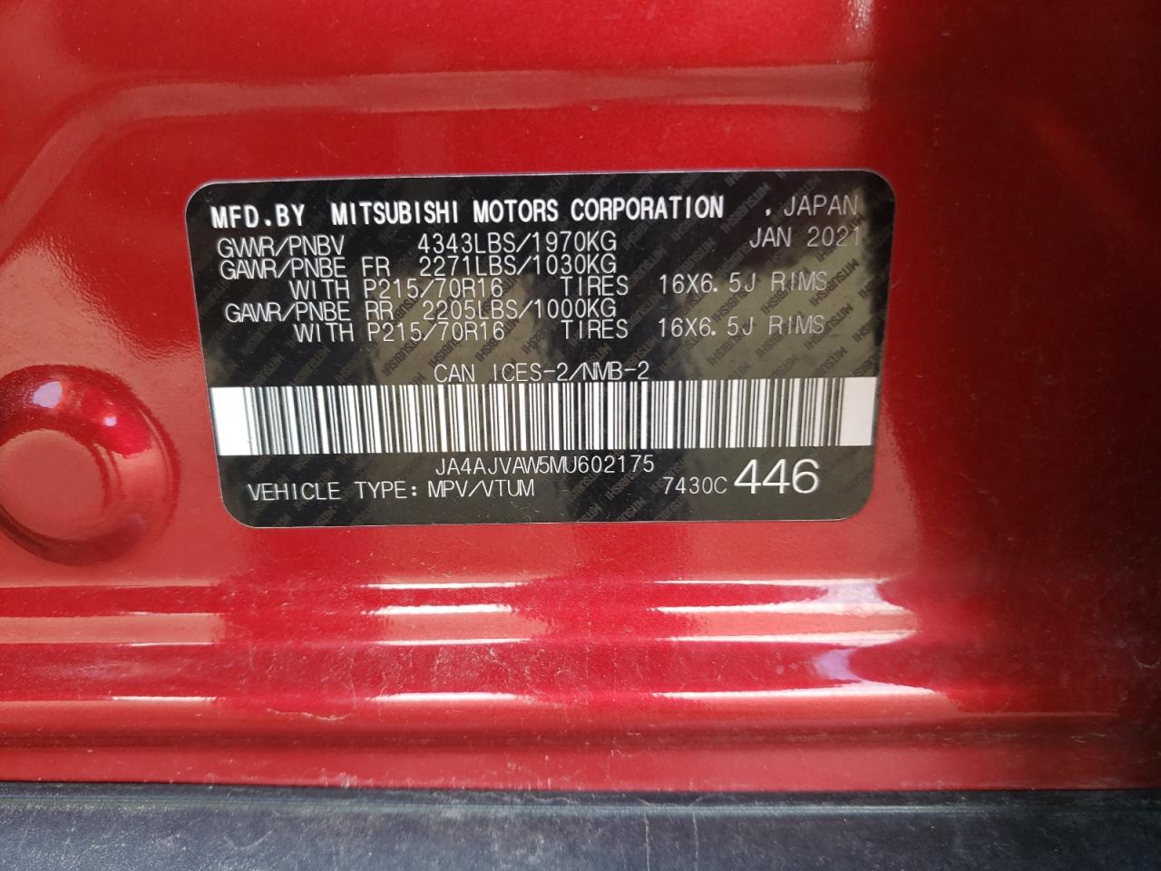 2021 Mitsubishi Rvr Se VIN: JA4AJVAW5MU602175 Lot: 69378784