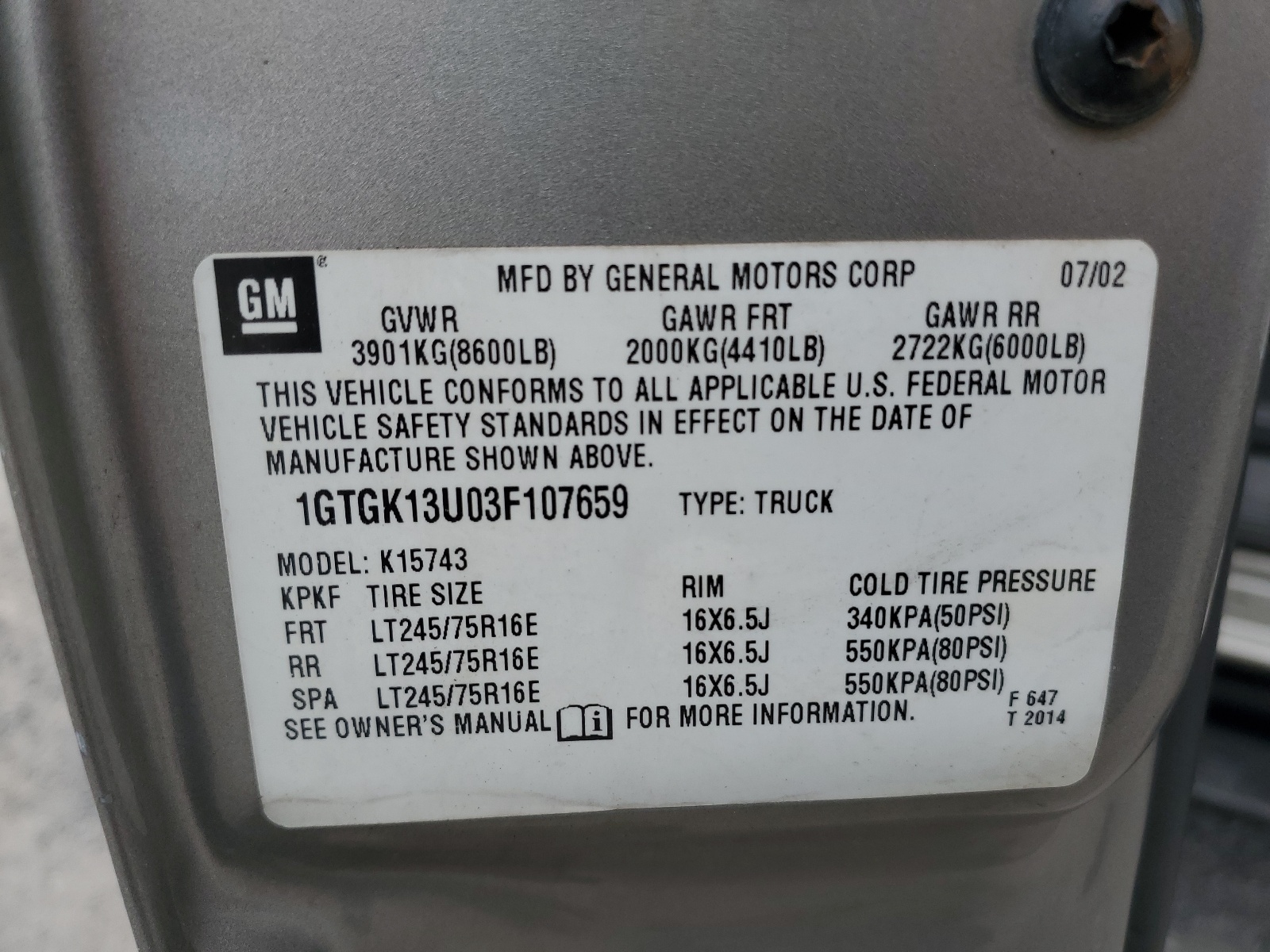 1GTGK13U03F107659 2003 GMC Sierra K1500 Heavy Duty