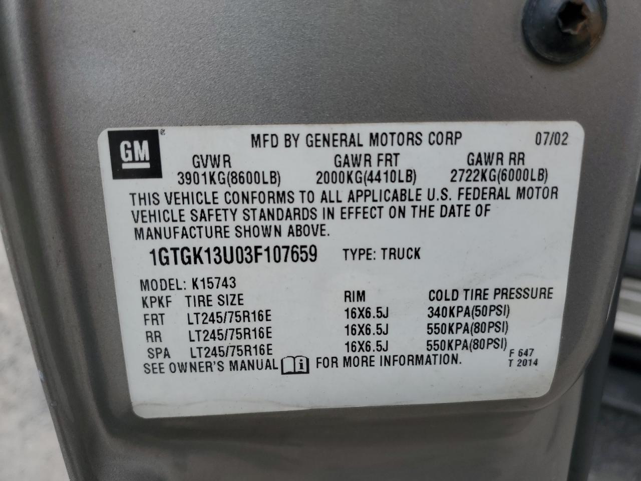 2003 GMC Sierra K1500 Heavy Duty VIN: 1GTGK13U03F107659 Lot: 66712204