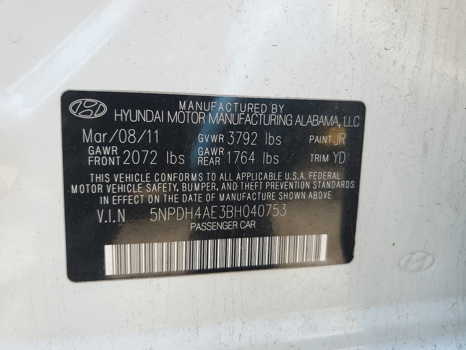 5NPDH4AE3BH040753 2011 Hyundai Elantra Gls
