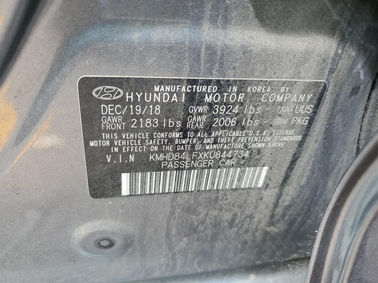 KMHD84LFXKU844734 2019 Hyundai Elantra Sel