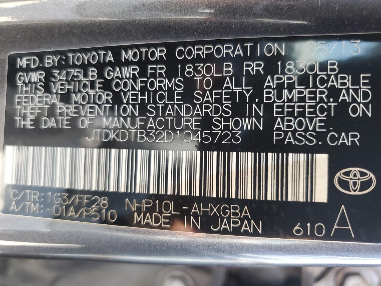 JTDKDTB32D1045723 2013 Toyota Prius C