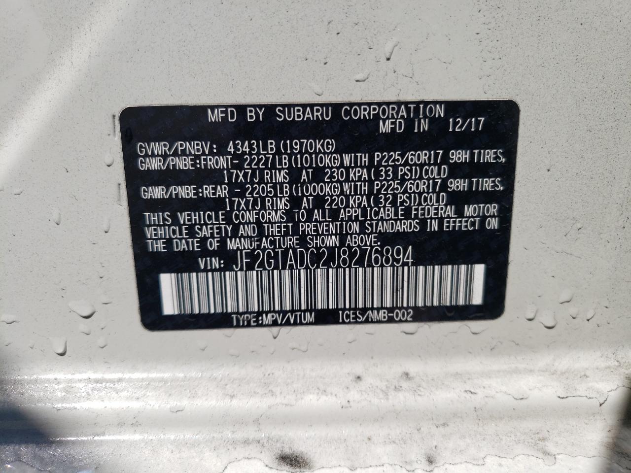 JF2GTADC2J8276894 2018 Subaru Crosstrek Premium