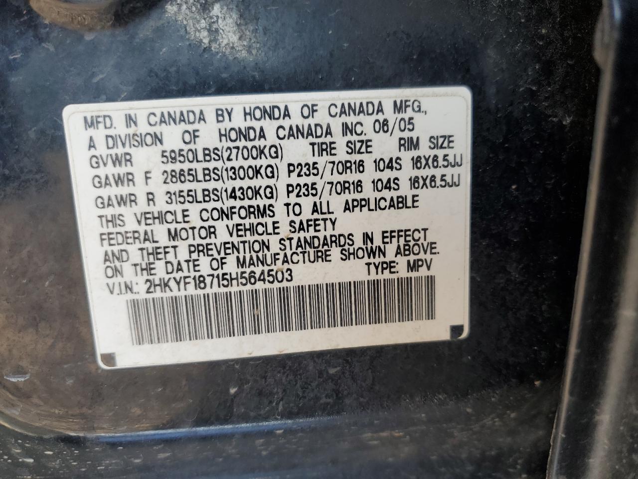 2005 Honda Pilot Exl VIN: 2HKYF18715H564503 Lot: 68379804