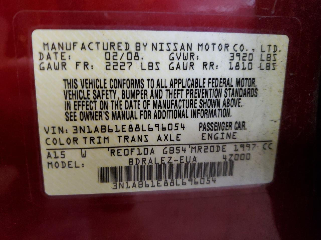 2008 Nissan Sentra 2.0 VIN: 3N1AB61E88L696054 Lot: 66291144