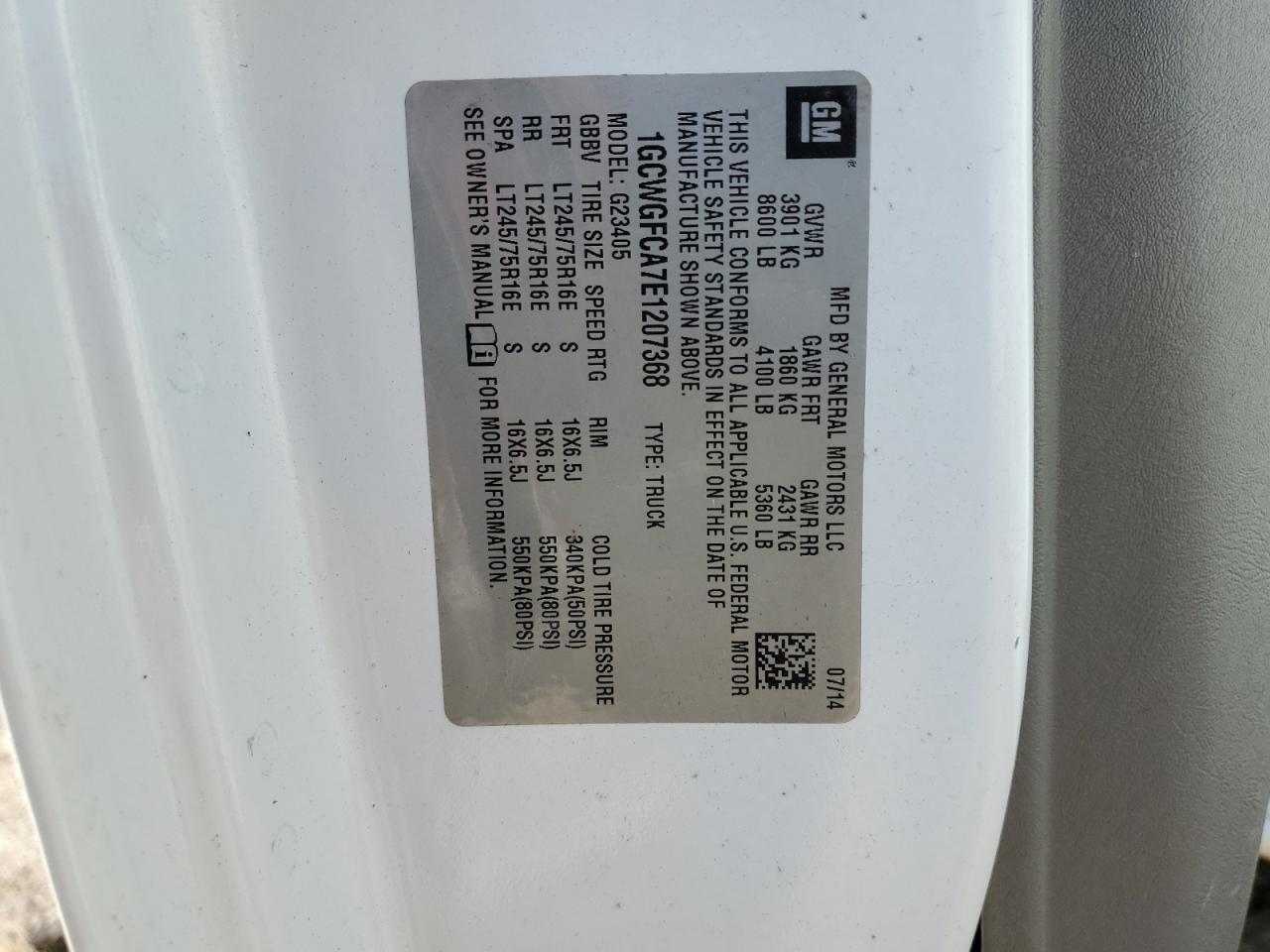 2014 Chevrolet Express G2500 VIN: 1GCWGFCA7E1207368 Lot: 68485694