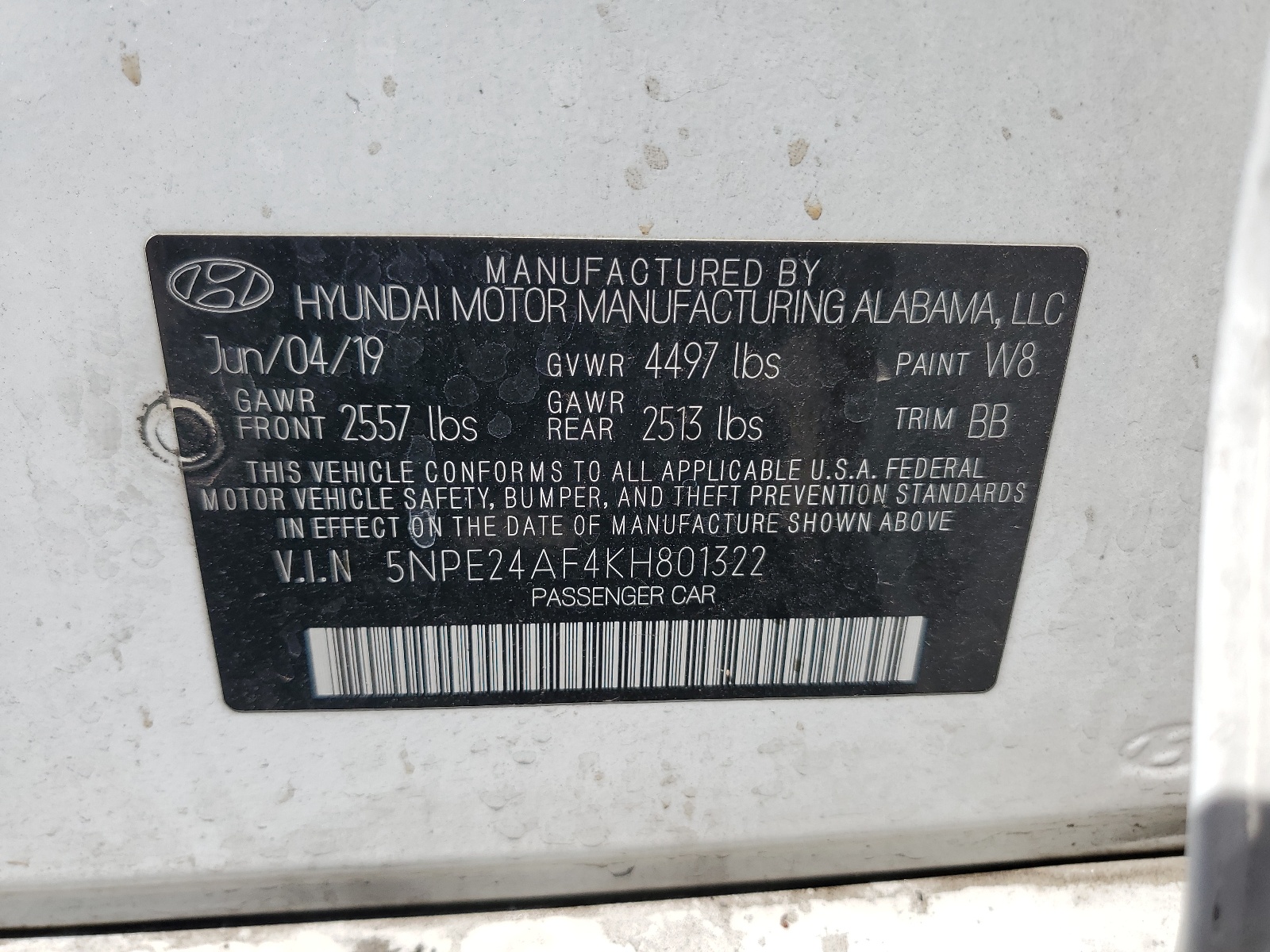 5NPE24AF4KH801322 2019 Hyundai Sonata Se