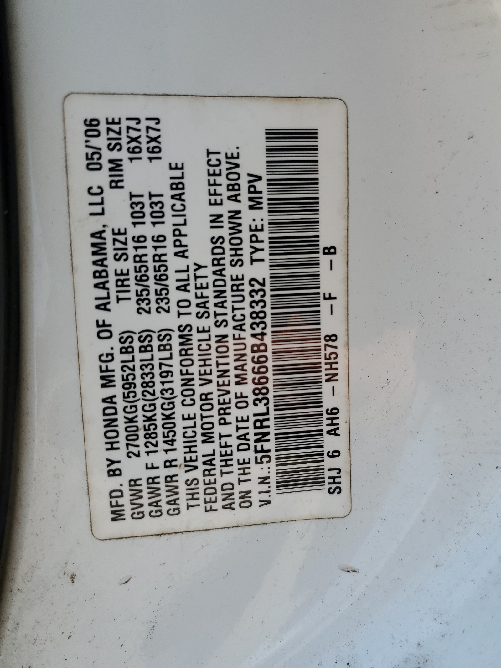 5FNRL38666B438332 2006 Honda Odyssey Exl