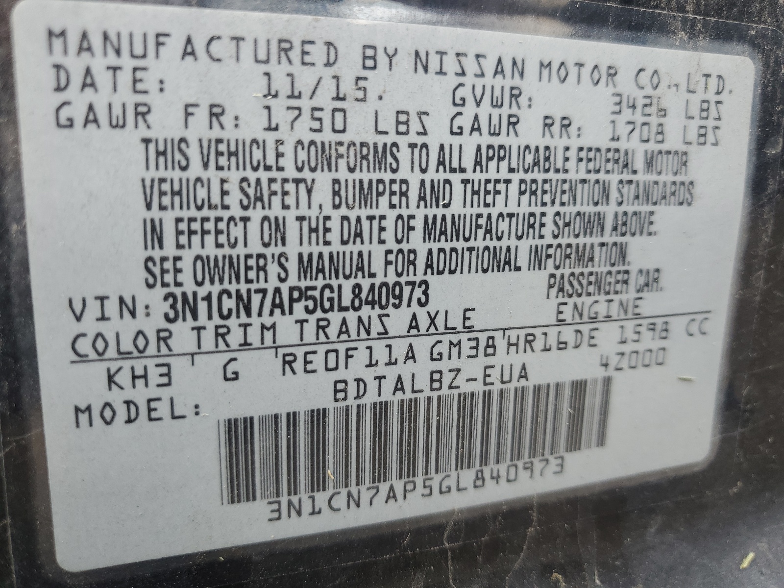 3N1CN7AP5GL840973 2016 Nissan Versa S