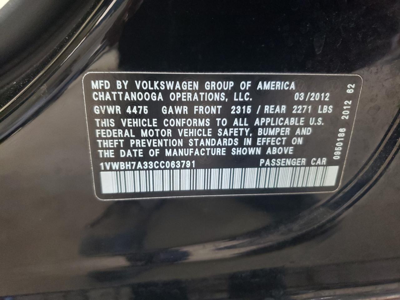 2012 Volkswagen Passat Se VIN: 1VWBH7A33CC063791 Lot: 65291264