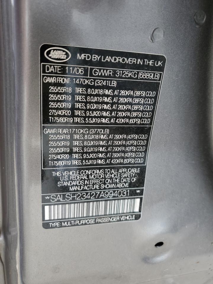 2007 Land Rover Range Rover Sport Supercharged VIN: SALSH23427A994031 Lot: 68161254