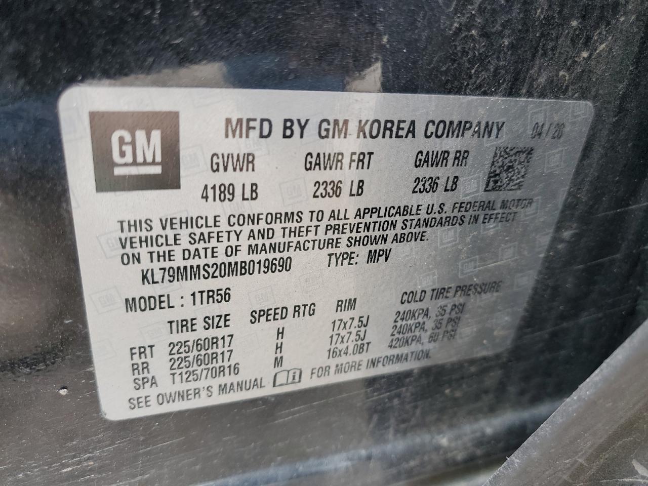 2021 Chevrolet Trailblazer Ls VIN: KL79MMS20MB019690 Lot: 67384324