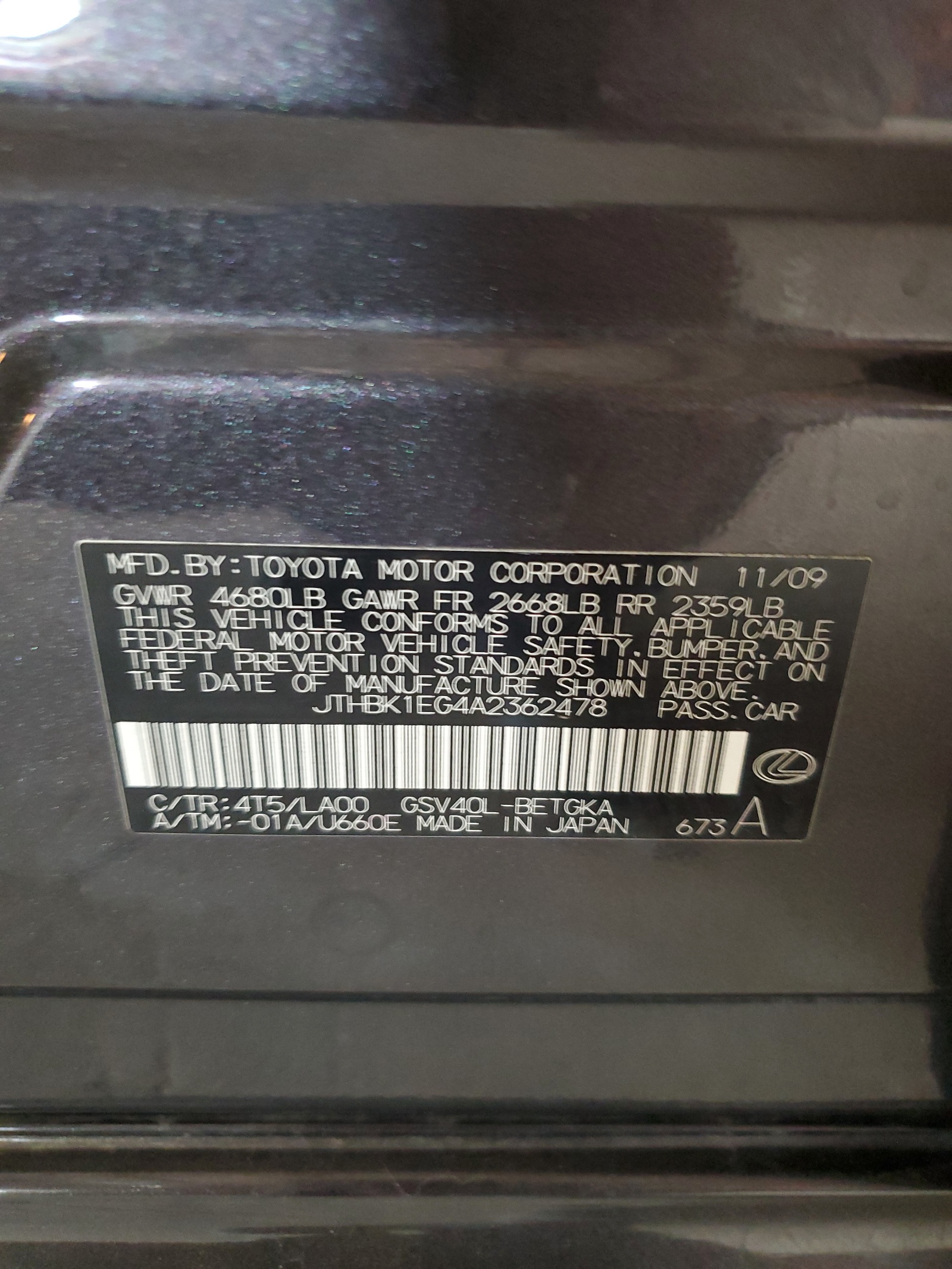 JTHBK1EG4A2362478 2010 Lexus Es 350