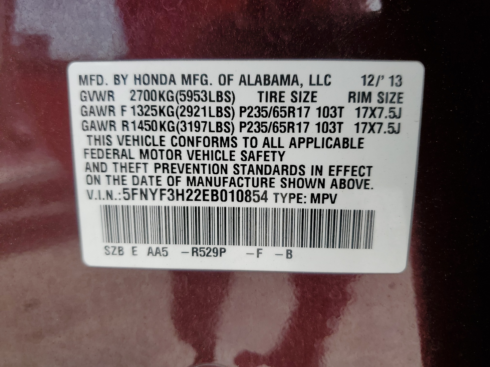 5FNYF3H22EB010854 2014 Honda Pilot Lx