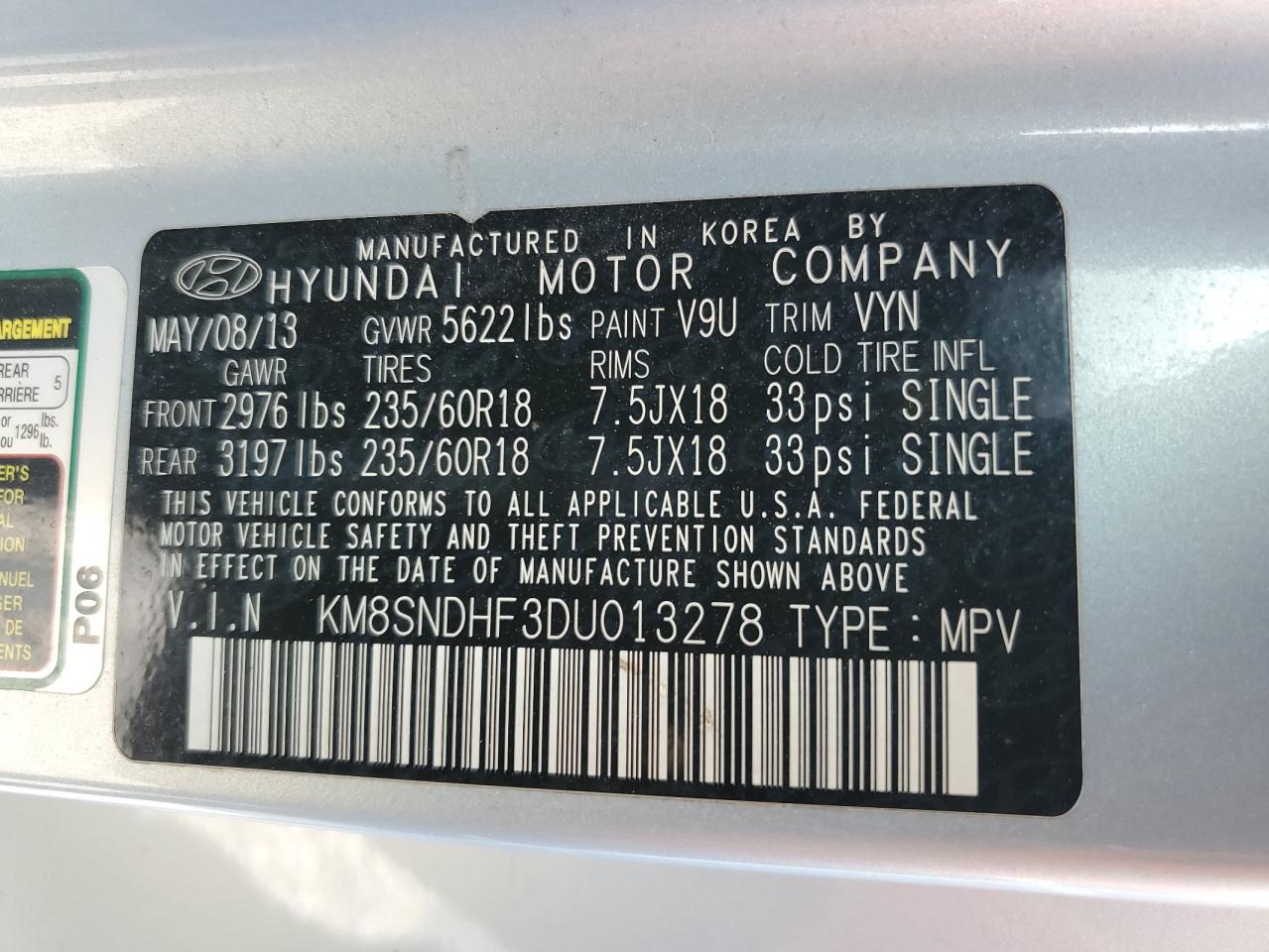 KM8SNDHF3DU013278 2013 Hyundai Santa Fe Gls