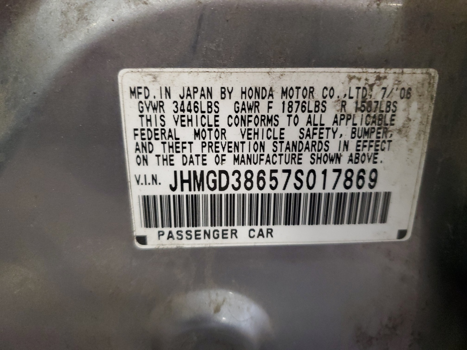 JHMGD38657S017869 2007 Honda Fit S