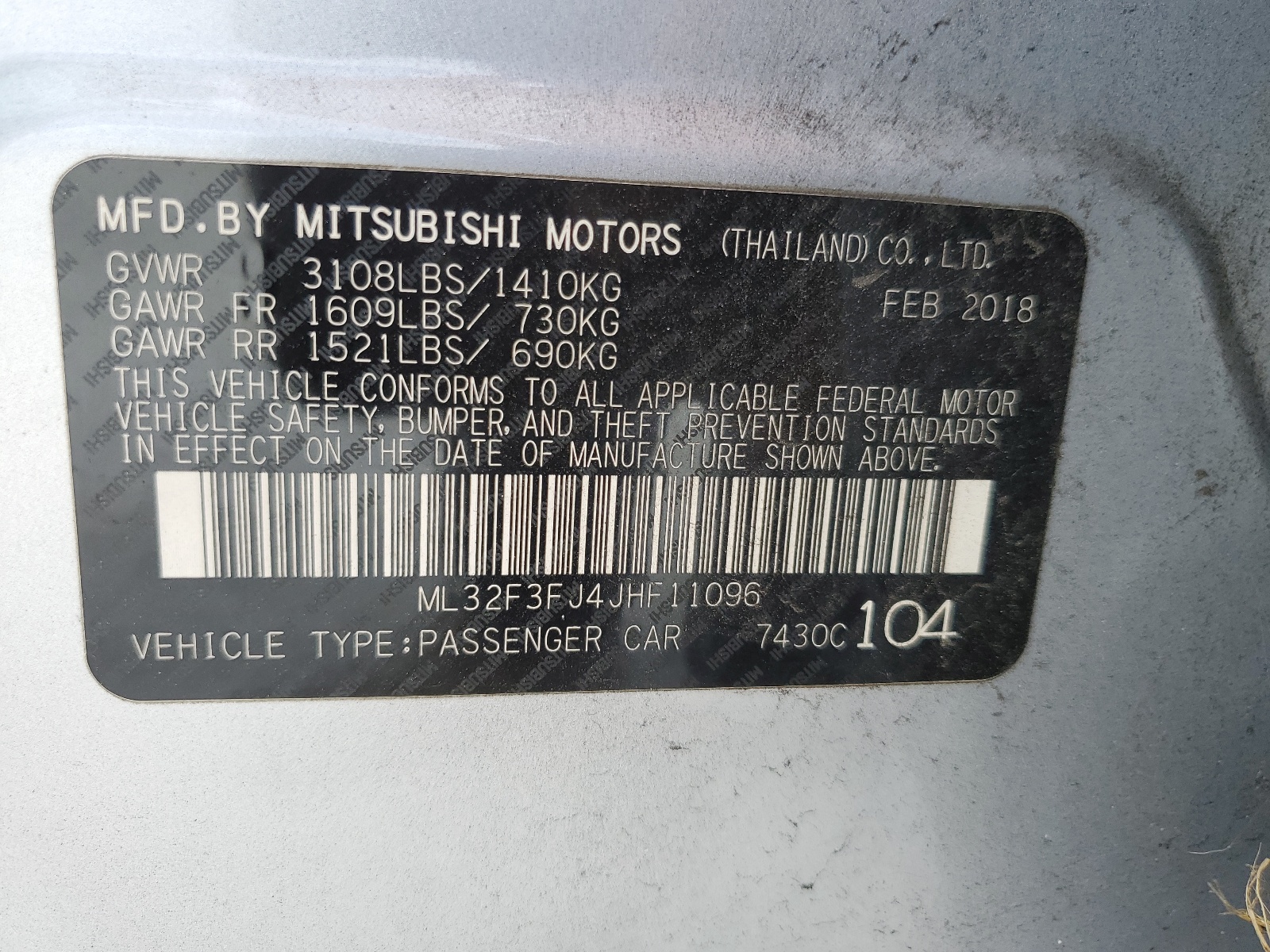 ML32F3FJ4JHF11096 2018 Mitsubishi Mirage G4 Es