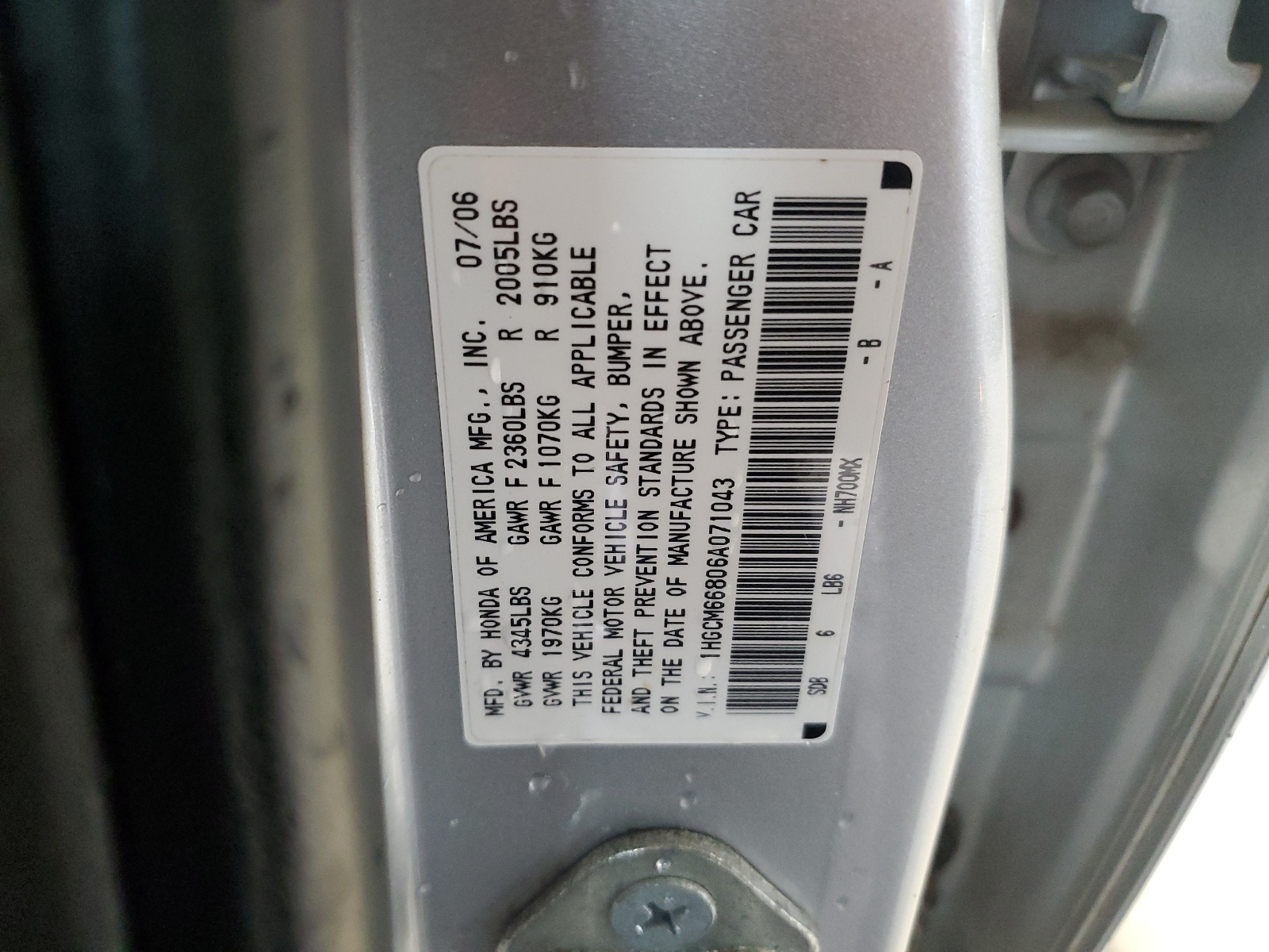 1HGCM66806A071043 2006 Honda Accord Ex