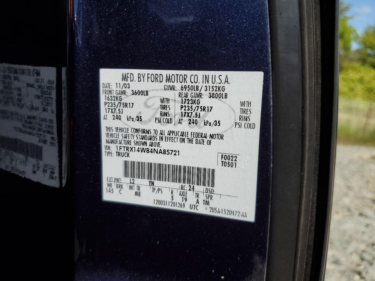 2004 Ford F150 VIN: 1FTRX14W84NA85721 Lot: 68807214