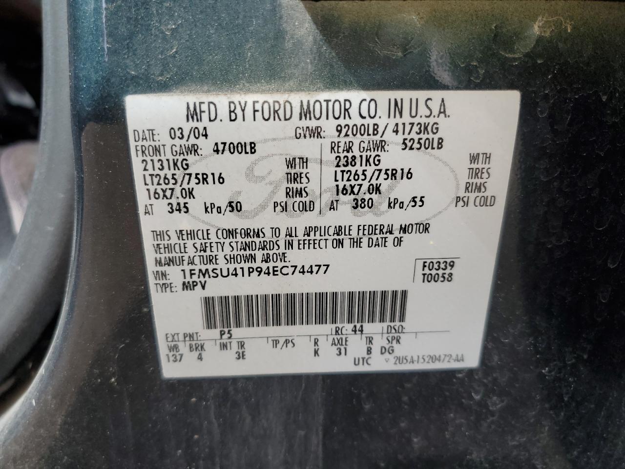 2004 Ford Excursion Xlt VIN: 1FMSU41P94EC74477 Lot: 67887664