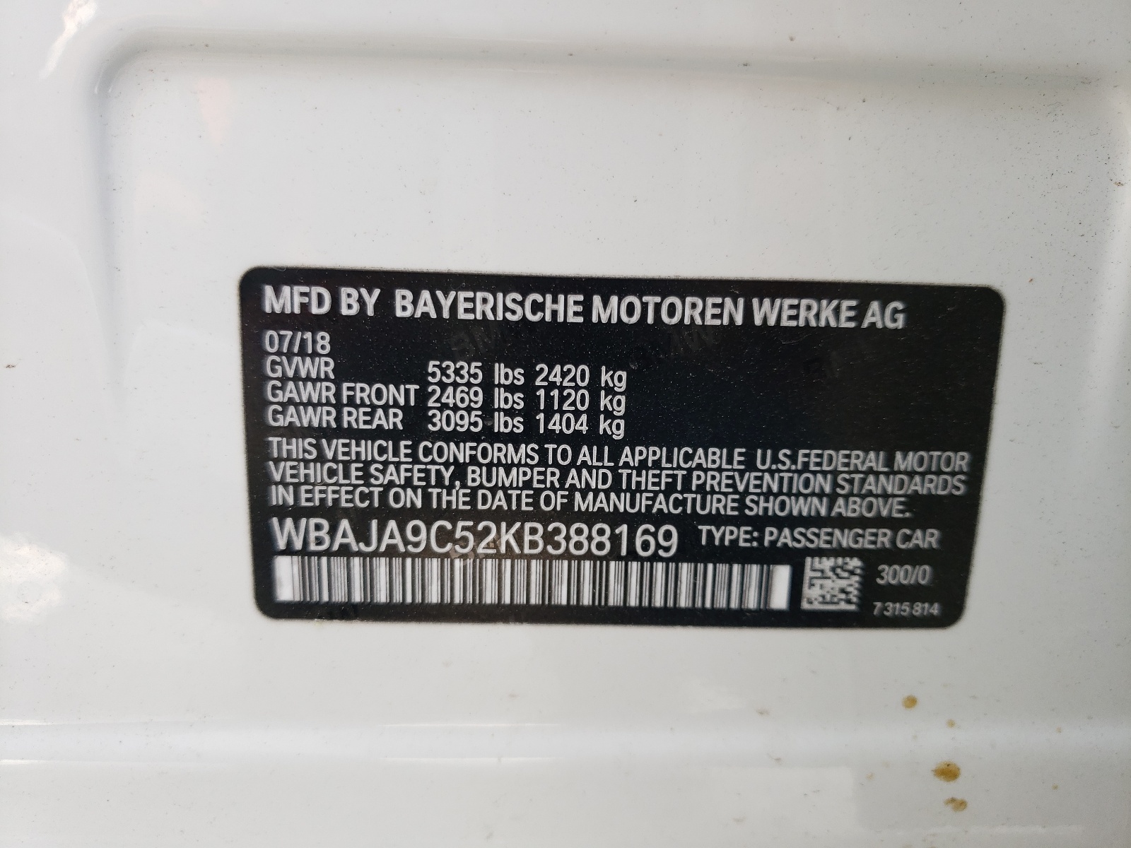 WBAJA9C52KB388169 2019 BMW 530E