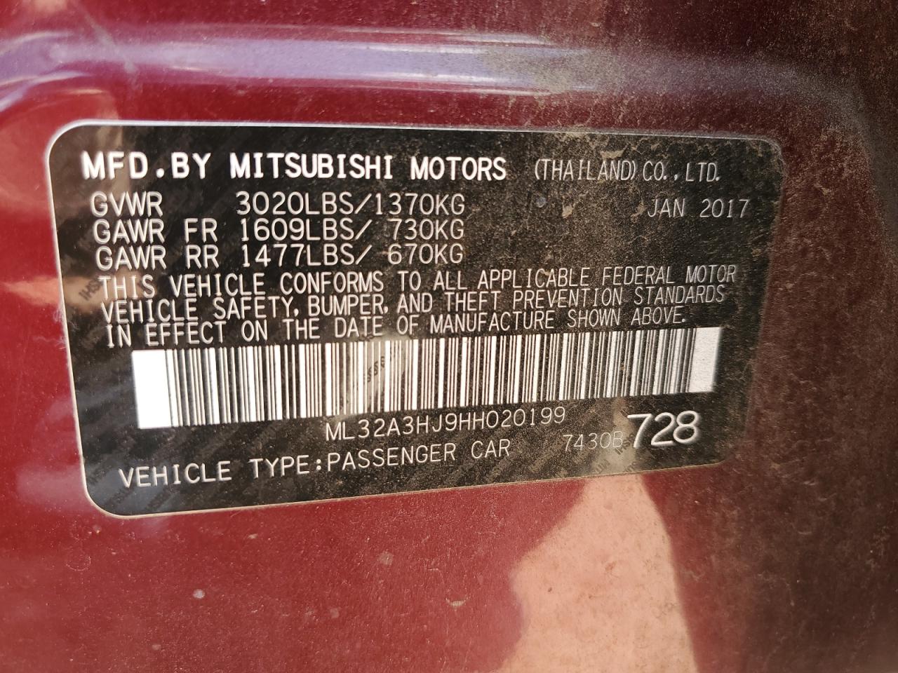 2017 Mitsubishi Mirage Es VIN: ML32A3HJ9HH020199 Lot: 69603974