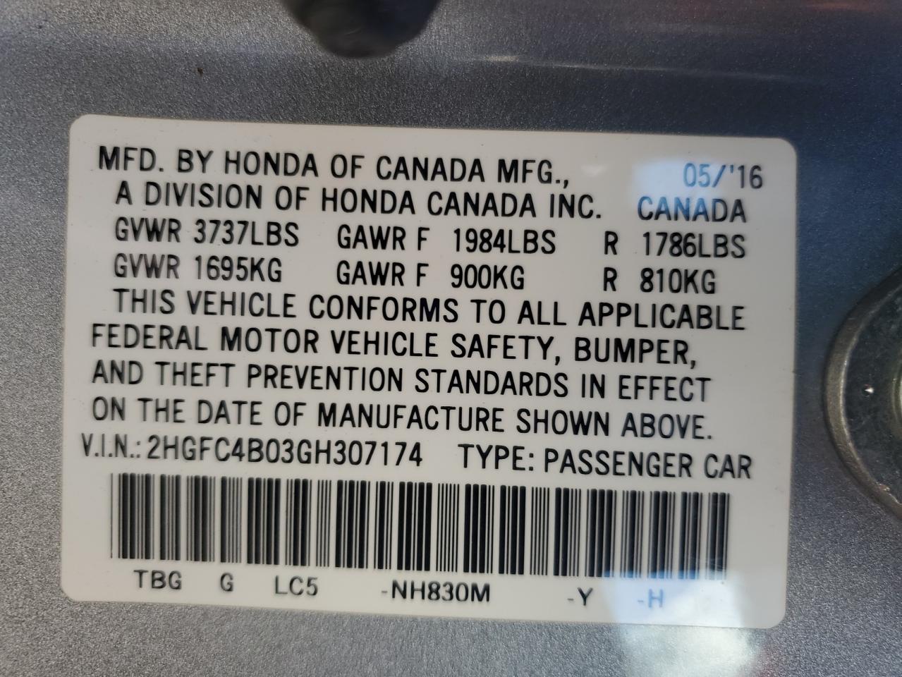 2HGFC4B03GH307174 2016 Honda Civic Lx 2HGFC4B03GH307174 2016 Honda Civic Lx