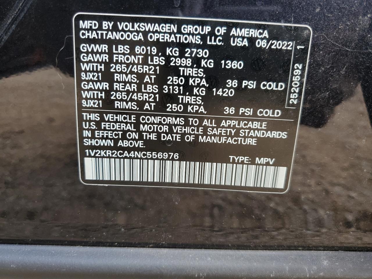 1V2KR2CA4NC556976 2022 Volkswagen Atlas Se