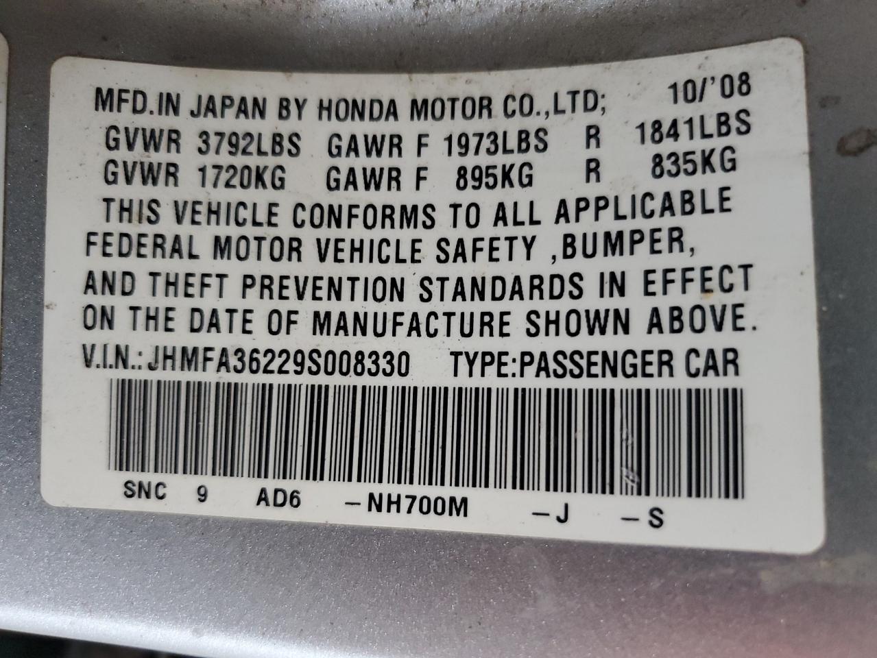 2009 Honda Civic Hybrid VIN: JHMFA36229S008330 Lot: 66577304