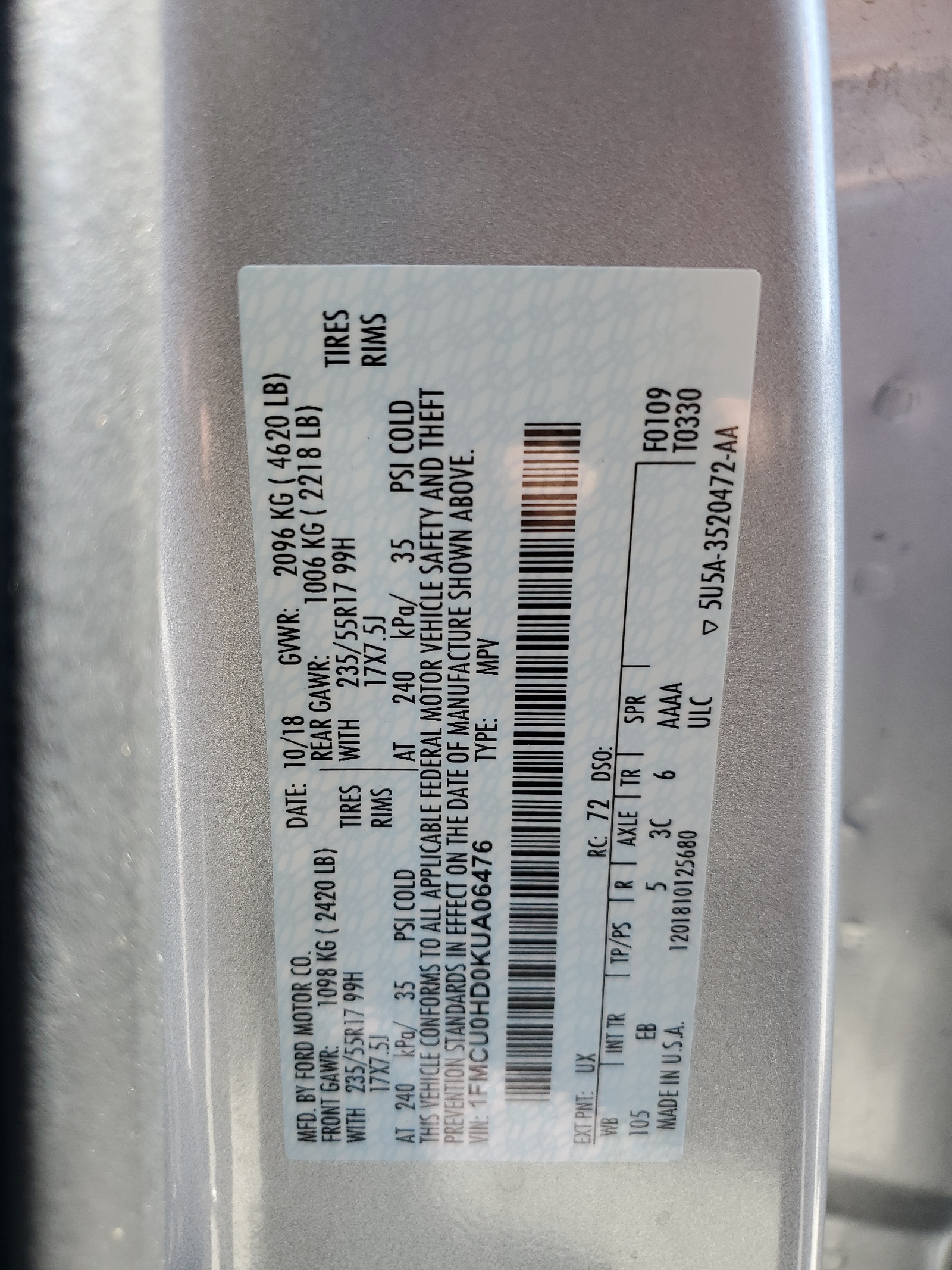 1FMCU0HD0KUA06476 2019 Ford Escape Sel