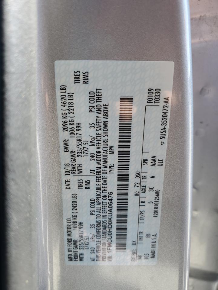 2019 Ford Escape Sel VIN: 1FMCU0HD0KUA06476 Lot: 66126724