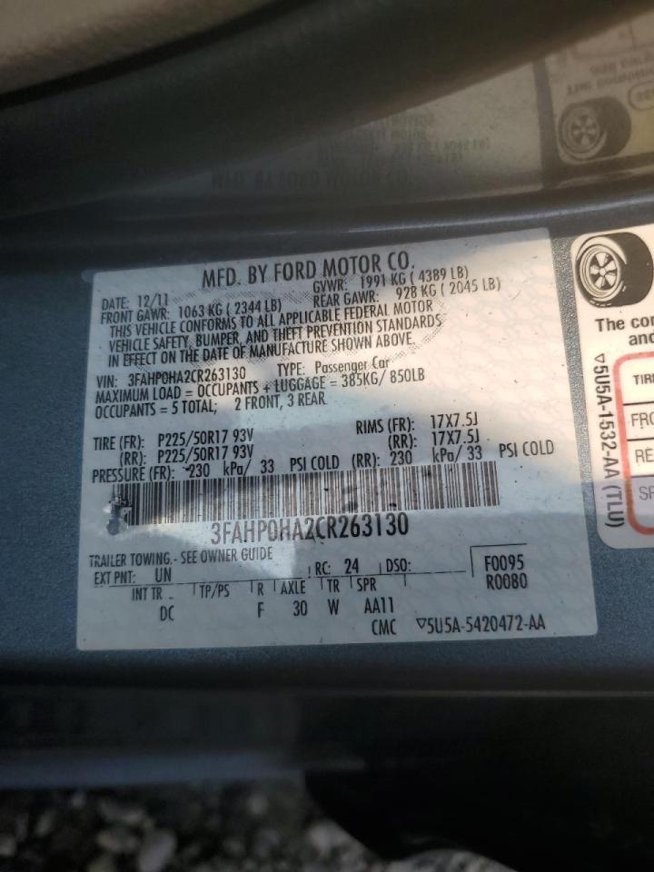 2012 Ford Fusion Se VIN: 3FAHP0HA2CR263130 Lot: 66702484