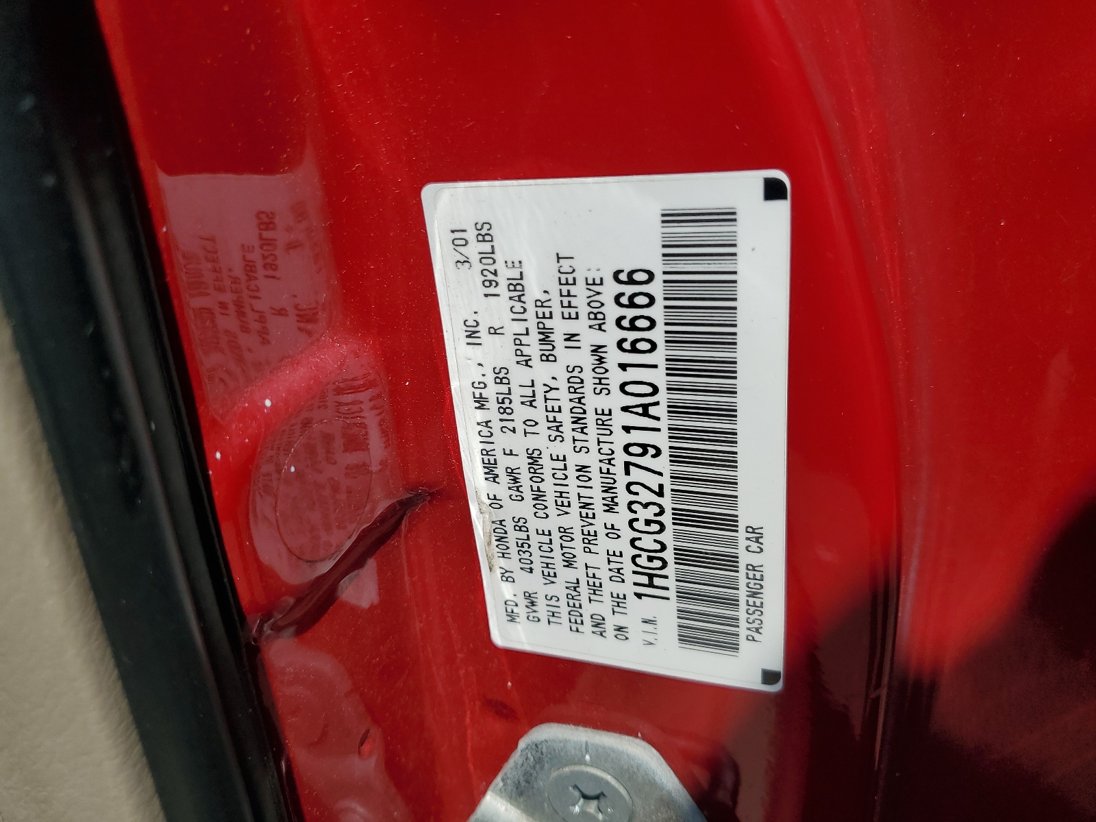 1HGCG32791A016666 2001 Honda Accord Ex