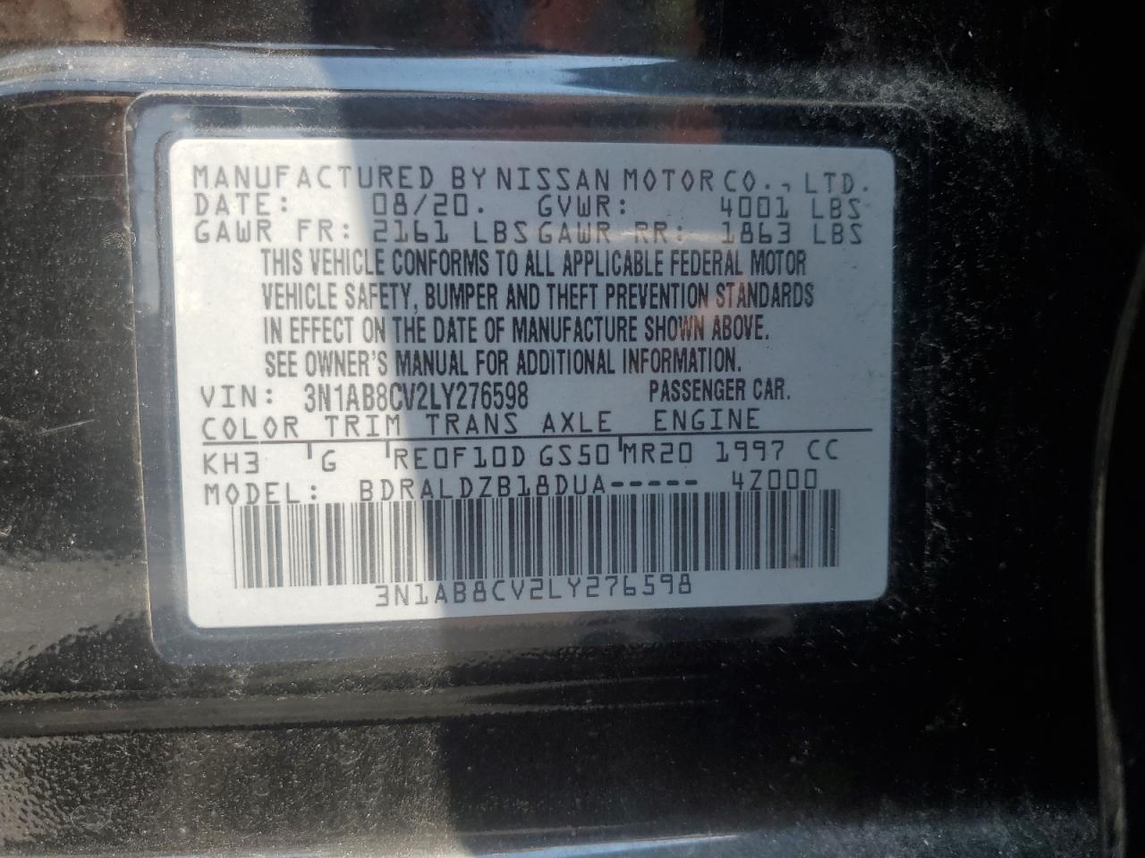 3N1AB8CV2LY276598 2020 Nissan Sentra Sv