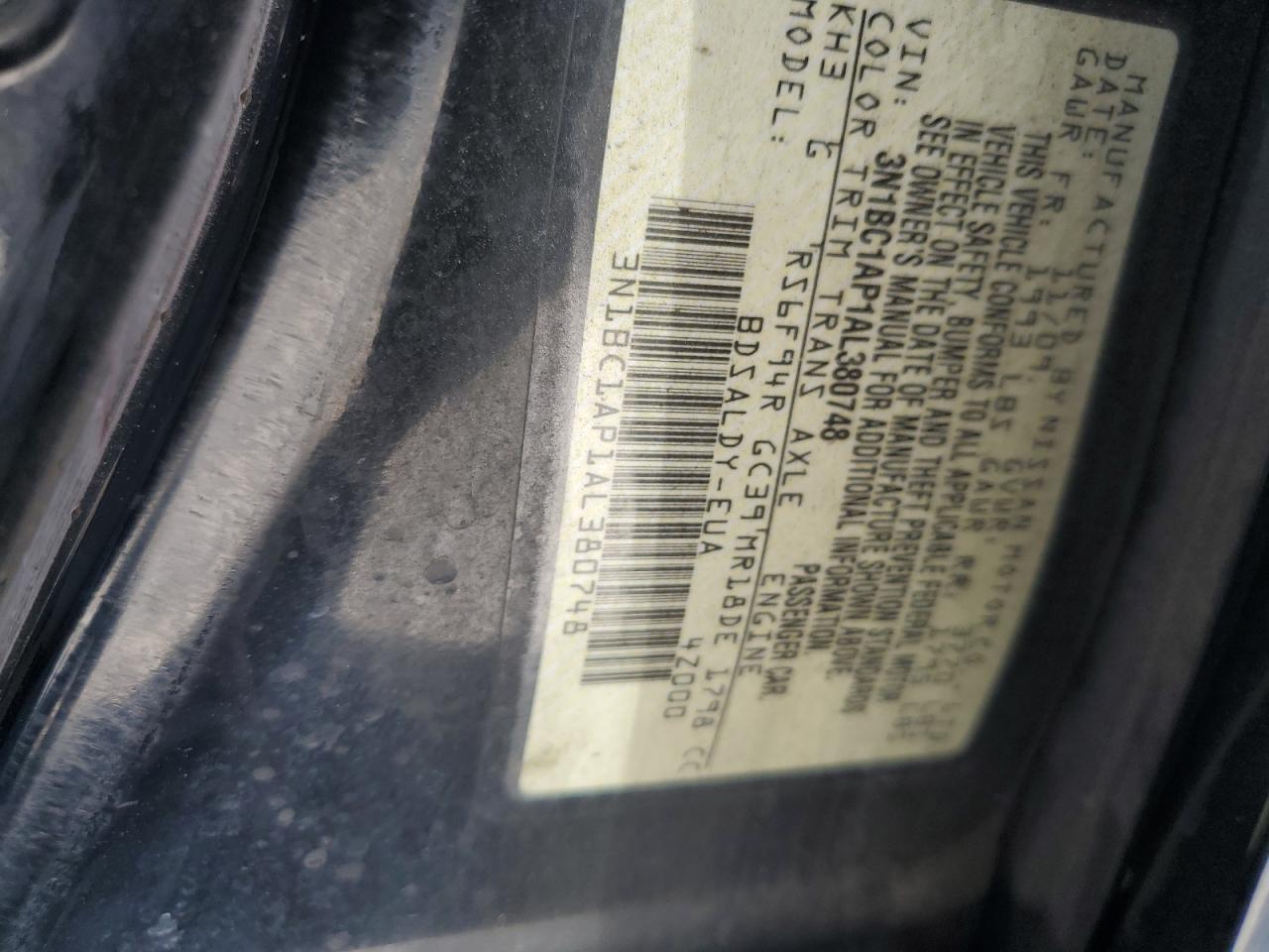 2010 Nissan Versa S VIN: 3N1BC1AP1AL380748 Lot: 67302654