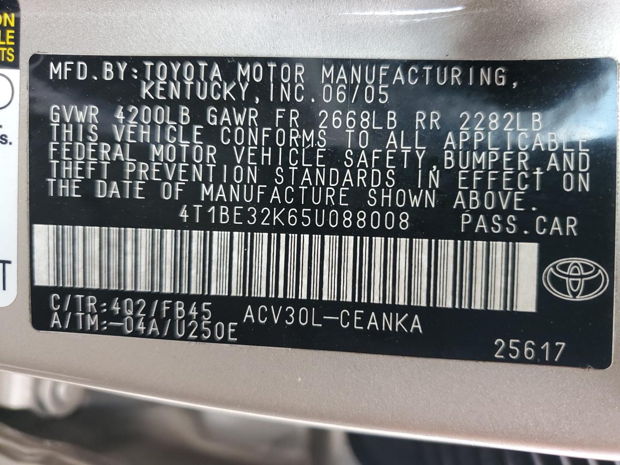 2005 Toyota Camry Le VIN: 4T1BE32K65U088008 Lot: 67515024