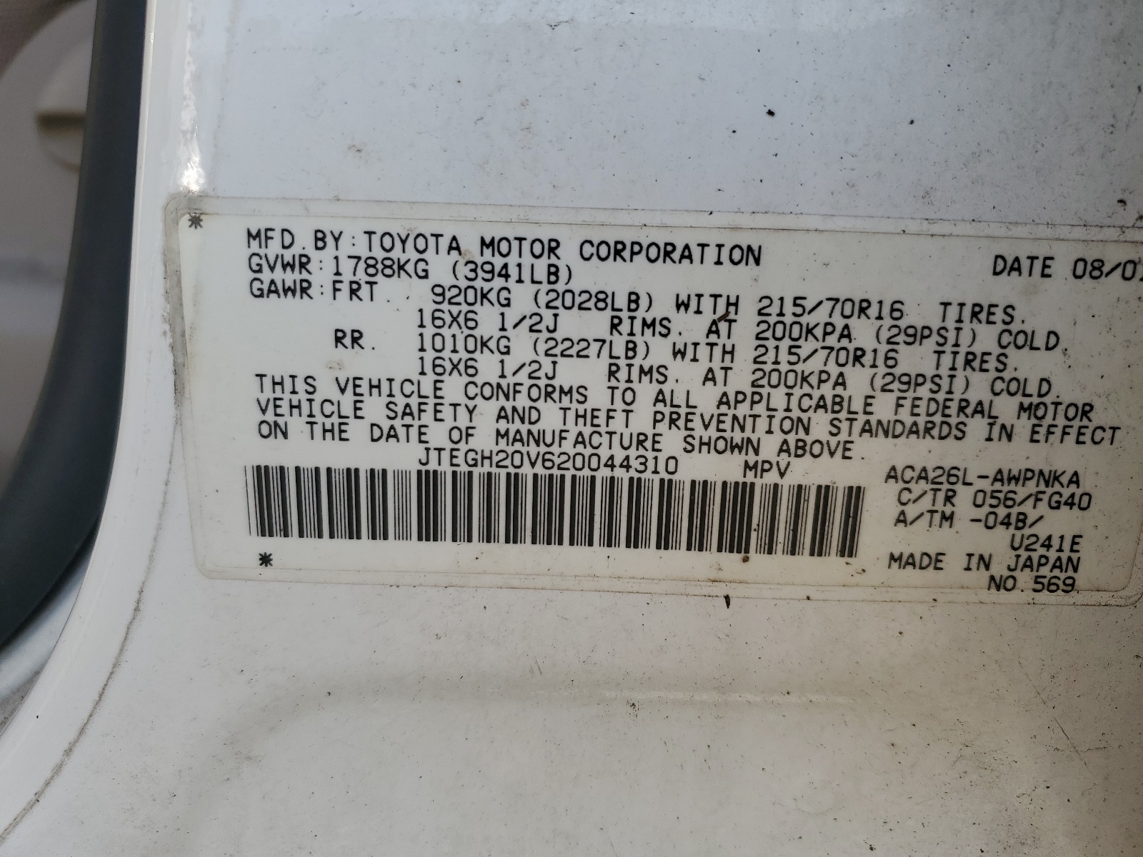 JTEGH20V620044310 2002 Toyota Rav4