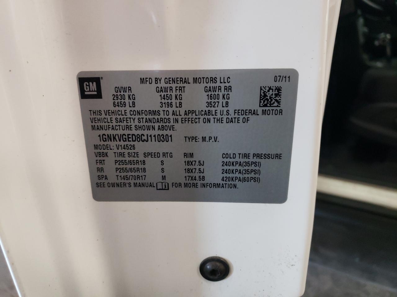 2012 Chevrolet Traverse Lt VIN: 1GNKVGED8CJ110301 Lot: 65712094