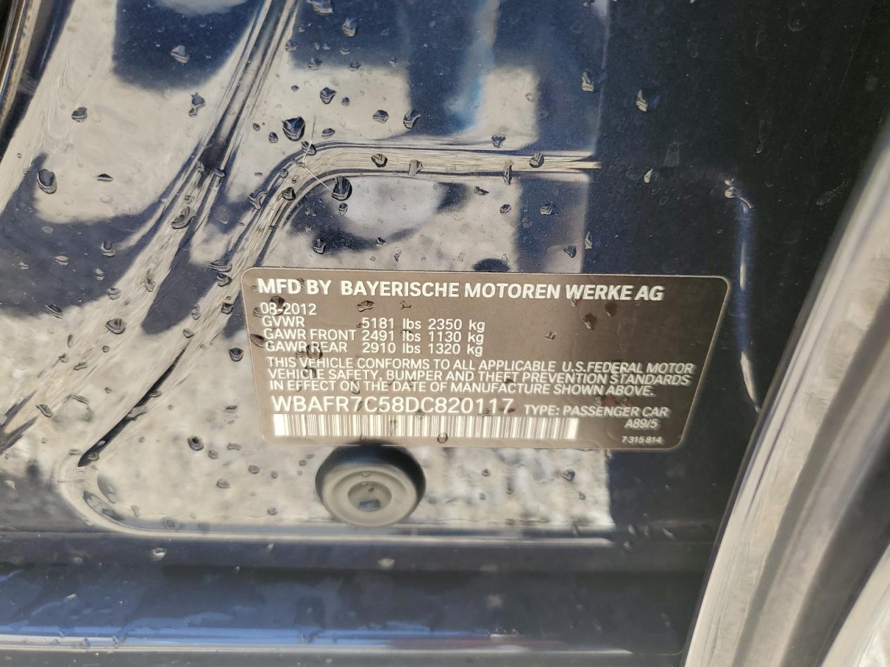 2013 BMW 535 I VIN: WBAFR7C58DC820117 Lot: 66734934