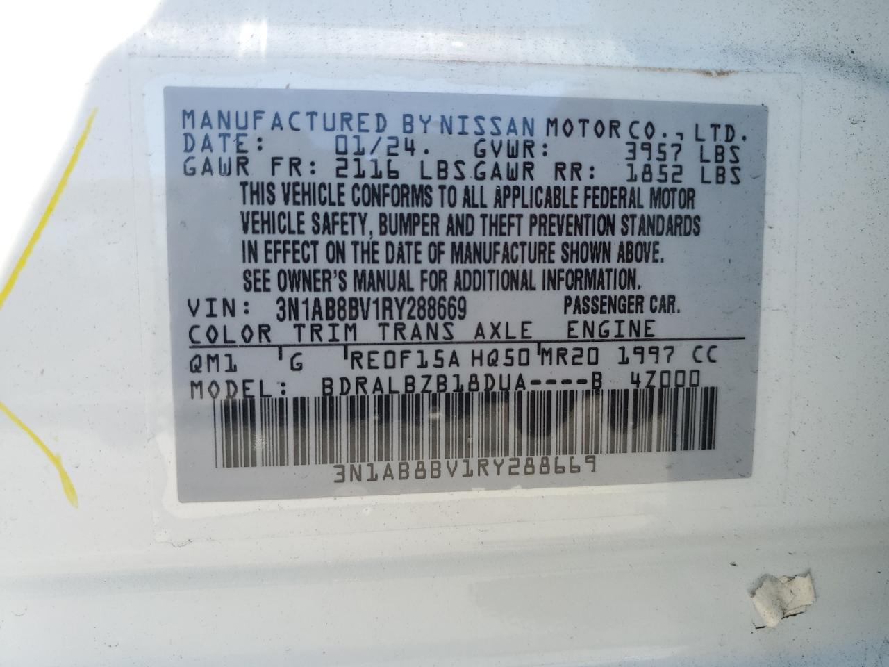 2024 Nissan Sentra S VIN: 3N1AB8BV1RY288669 Lot: 67836414