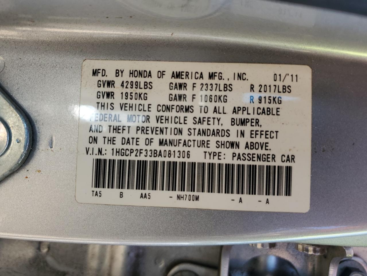 2011 Honda Accord Lx VIN: 1HGCP2F33BA081306 Lot: 51706145