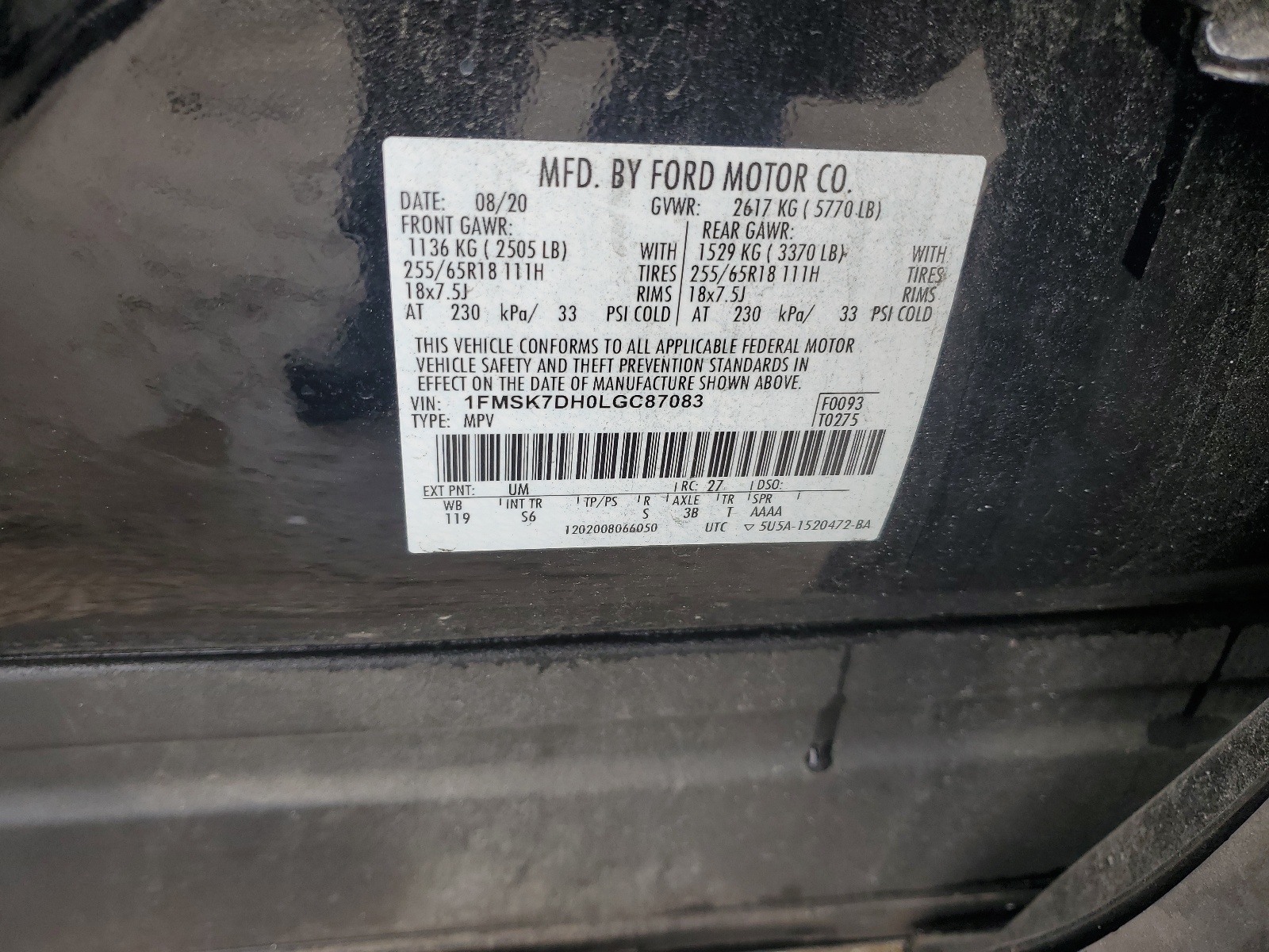 1FMSK7DH0LGC87083 2020 Ford Explorer Xlt