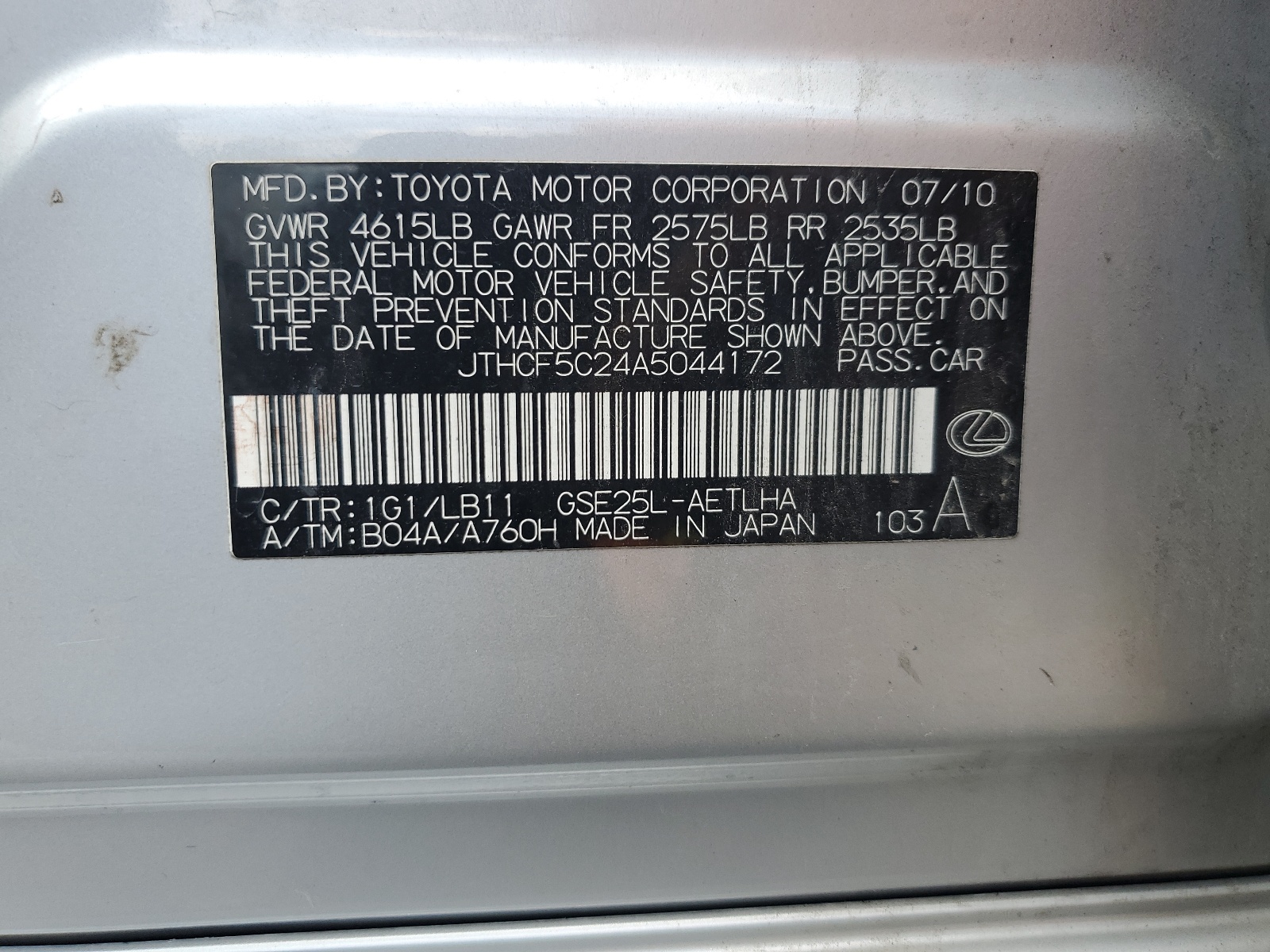 JTHCF5C24A5044172 2010 Lexus Is 250