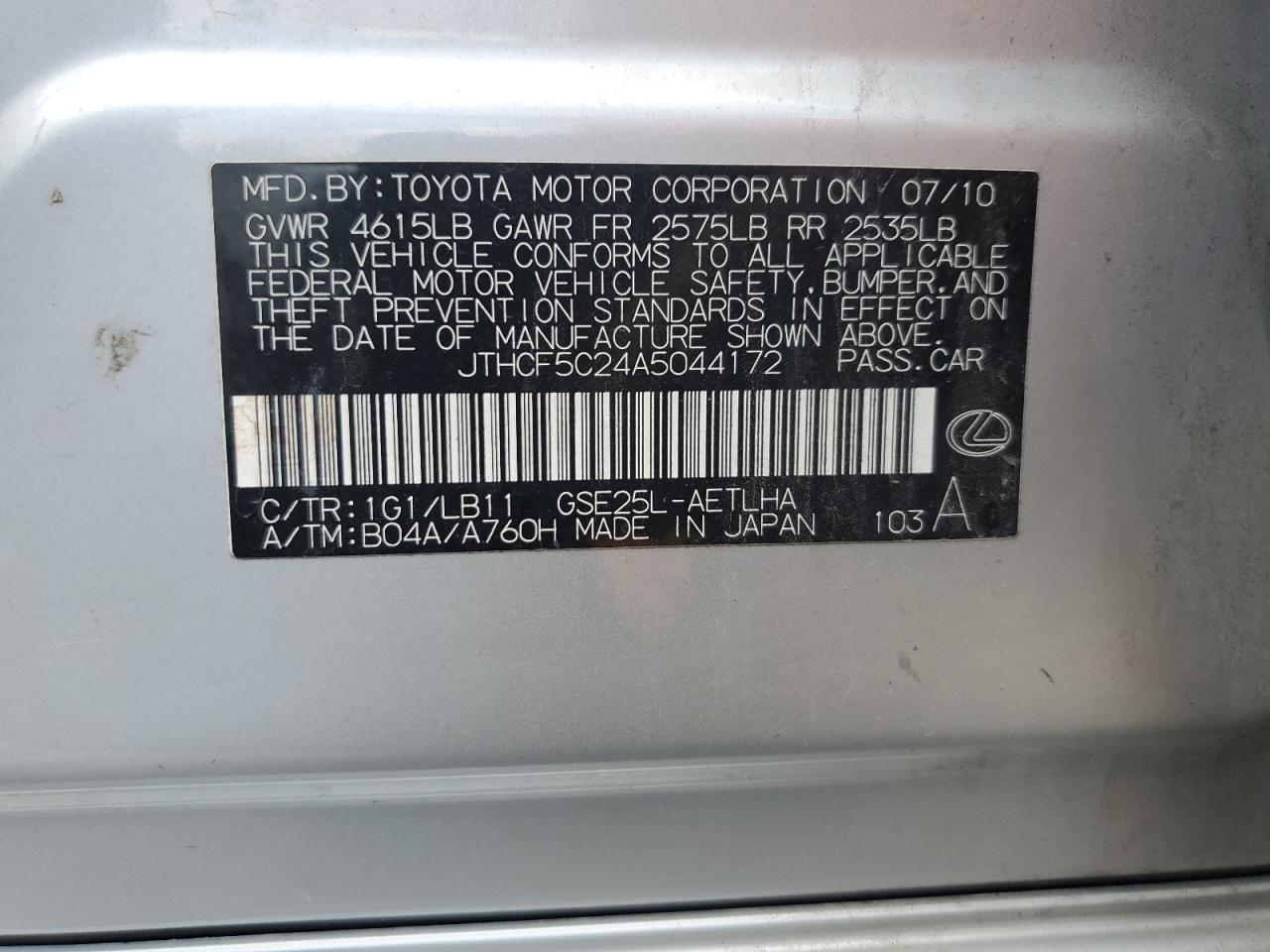 2010 Lexus Is 250 VIN: JTHCF5C24A5044172 Lot: 65515014