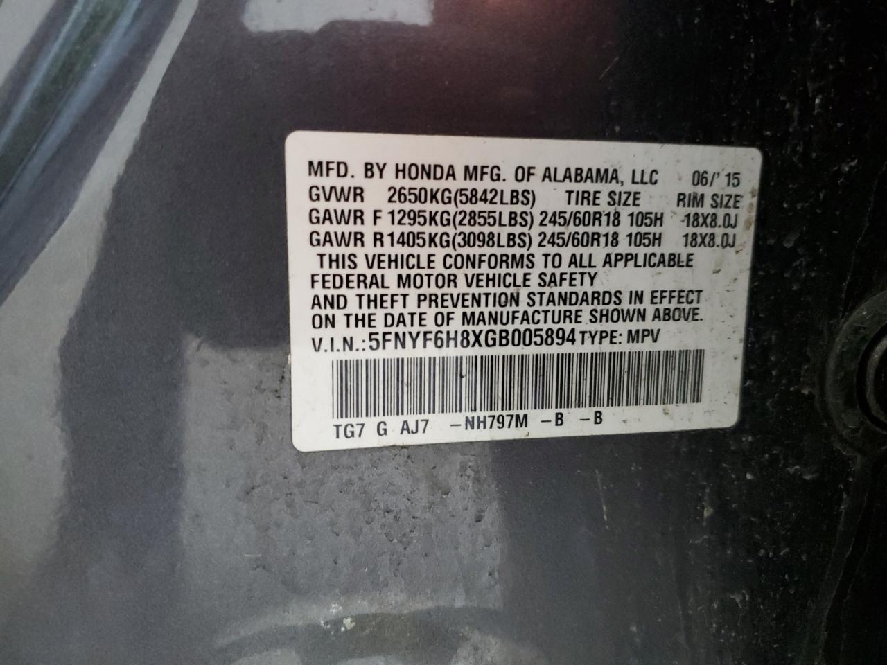 2016 Honda Pilot Exl VIN: 5FNYF6H8XGB005894 Lot: 66275334