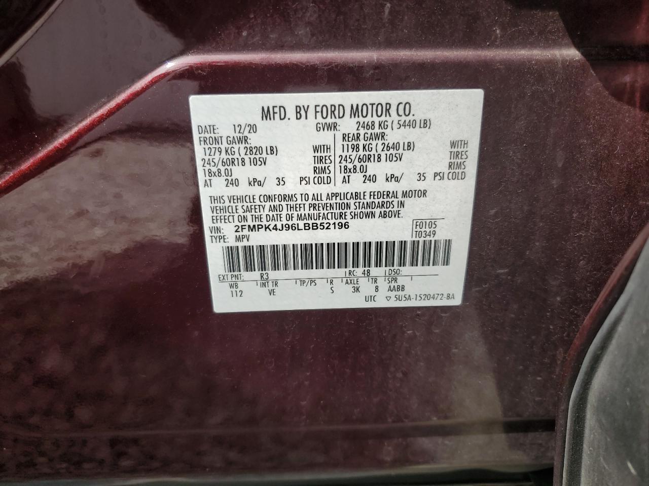 2020 Ford Edge Sel VIN: 2FMPK4J96LBB52196 Lot: 66403804