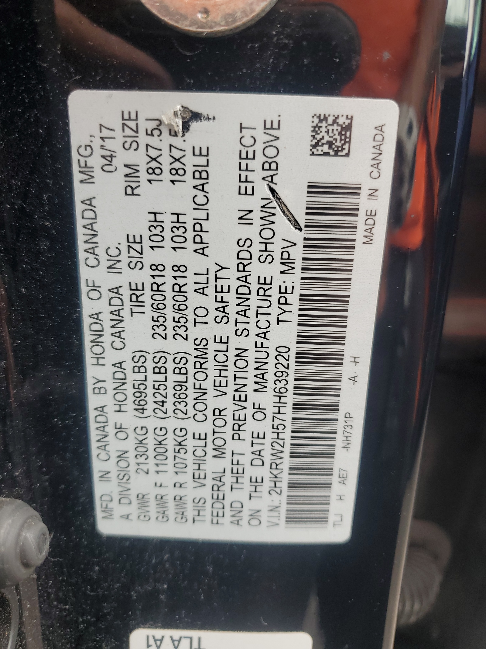 2HKRW2H57HH639220 2017 Honda Cr-V Ex