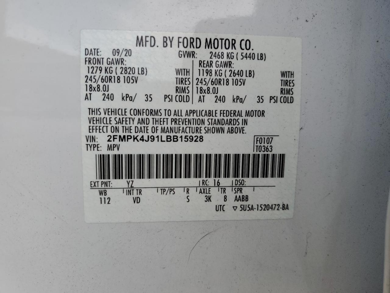 2020 Ford Edge Sel VIN: 2FMPK4J91LBB15928 Lot: 61445404