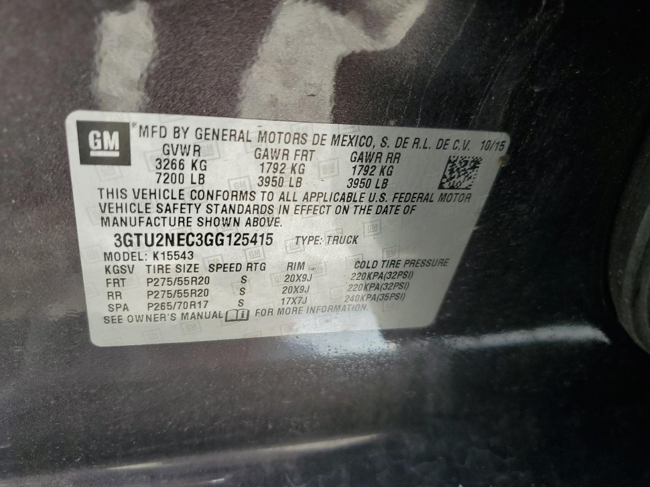 3GTU2NEC3GG125415 2016 GMC Sierra K1500 Slt