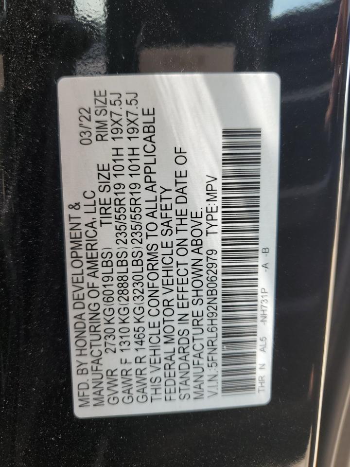 5FNRL6H92NB062979 2022 Honda Odyssey Elite